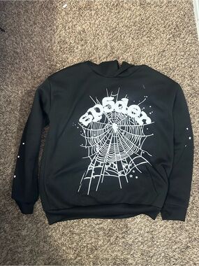 Men's Black Crewneck Sweatshirt with White Spider Web Graphic